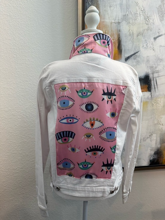 Blue Age Jackets & Blazers - White Distressed Jean Jacket with Pink Eye-Print Scarf Back Panel